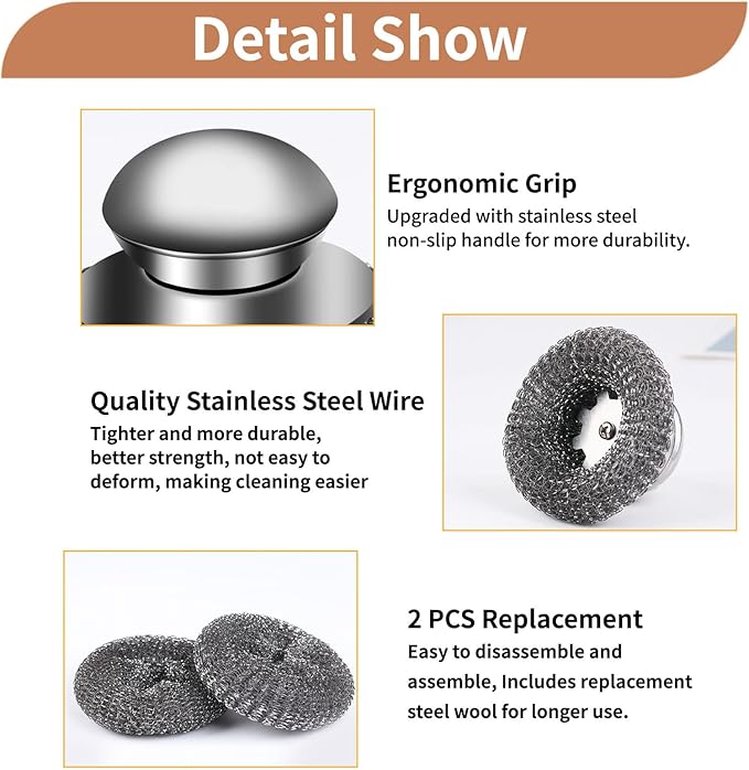 4pcs Steel Wool Scrubber with Replacement Wire Sponge Pads Set, Stainless Steel Scrubber with Handle for Scouring Stubborn Messes from Cast Iron, Pots, Pans, Grill, Stoves, Sink(2 Scrubber+2 Pads)