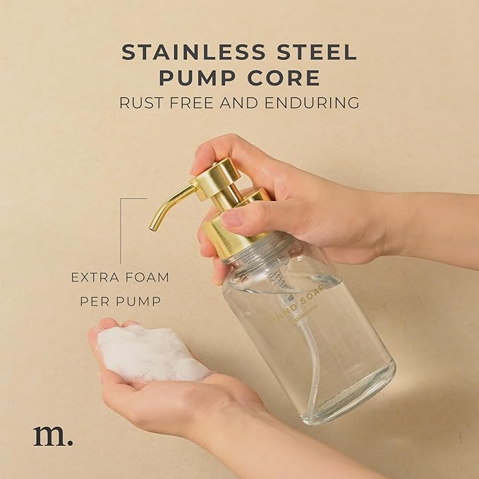 MaisoNovo Glass Foaming Hand Soap Dispenser 14 Oz | Gold Foaming Soap Dispenser Clear Bottle Gold Pump x 1 w/Labels