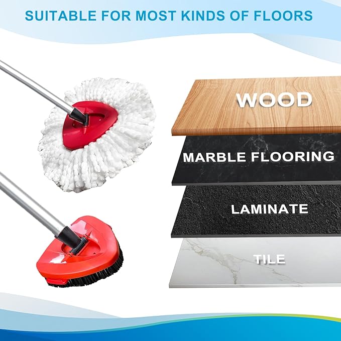Spin Mop Head and Brush Replacement Compatible for O Cedar EasyWring 1-Tank System, 4 Microfiber Mop Refills, 1 Scrub Brush,1 Base and 30-58in Mop Stick Easy-to-Replace (White 1 Tank System)