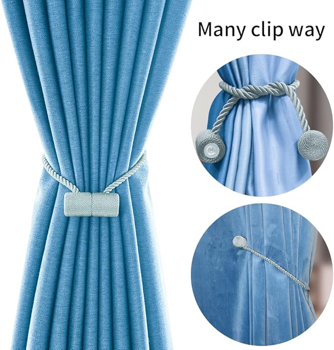 18 Inch Strong Magnetic Curtain Tiebacks, Curtain Holdbacks Modern Upgrade Strong 2021 New Twisted Style Decorative Drapery Rope Tie Backs(4 Pack Grey Blue)