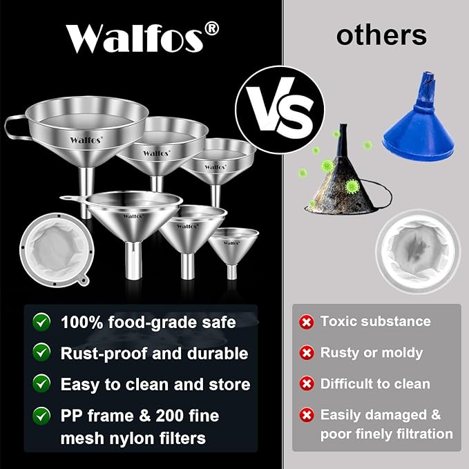 Stainless Steel Funnel, Walfos 6 Different Sizes of Kitchen funnels with 2 Removable Strainer ＆ 1Pcs Cleaning Brush, 200 Mesh Food Filter Strainer,for Transferring of Liquid, Oils, Jam, Powder