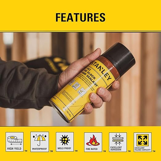 Stanley F952 Fire Block Spray Foam – (1x12oz) Fire Rated Expanding Polyurethane Foam Sealant for Gap Filling & Sealing on Doors, Windows, Walls, Pipes & Joints – Indoor/Outdoor Straw Use | 1 Pack
