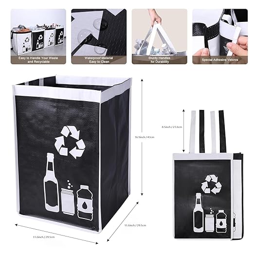 Recycle Waste Bag for Kitchen Home- Indoor Recycling Bins Trash Sorting Organizer, Reusable and Waterproof, 4 Pack