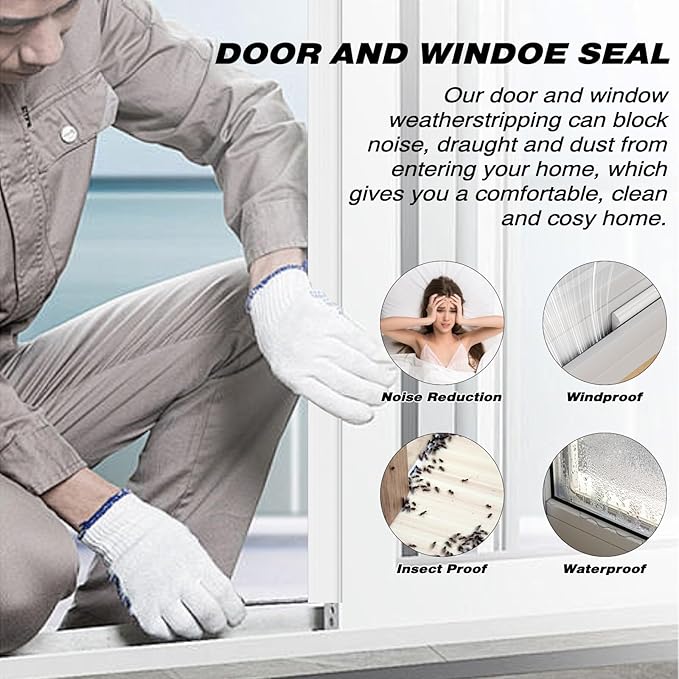2Pcs×196" Wedge Weather Stripping Door Seal Strip for Door Frame & Window,Self Adhesive Window Insulation Draft Stopper Seal for Winter,Gray Foam Door Gap Filler for Soundproofing Light Blocker,White