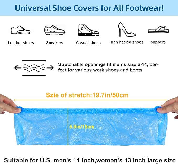 200 Pcs Shoe Covers Disposable Non Slip, Waterproof Shoe Covers Disposable for Indoors, 15-20'' Adjustable Size Boot Covers for US 6 to 14 Size