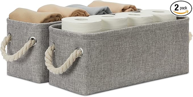 Temary Small Storage Baskets for Organizing, Narrow Baskets for Storage Toilet Paper Rolls, Fabric Baskets with Handles for Closets, Cabinets, Shelves (Grey, 15Lx6Wx5.5H Inches)