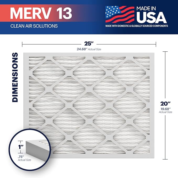 BNX TruFilter 20x25x1 Air Filter MERV 13 (6-Pack) - MADE IN USA - Electrostatic Pleated Air Conditioner HVAC AC Furnace Filters for Allergies, Pollen, Mold, Bacteria, Smoke, Allergen, MPR 1900 FPR 10