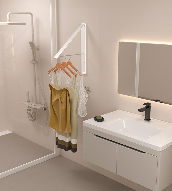 Dr.DJ Clothes Drying Rack, Wall-Mounted Retractable & Foldable Clothes Hanger for Laundry Room Organization and Storage, Clothes Hanger Rack for Dorm, Closet, Balcony(1 Pack, White)
