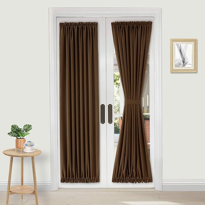 DWCN French Door Curtains – Rod Pocket Thermal Blackout Curtain for Doors with Glass Window, Kitchen and Patio Doors for Privacy, 36 X 72 Inches Long, 1 Curtain Panel with Tieback,Brown