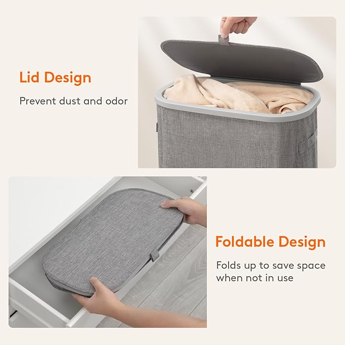 Lifewit 65L Slim Laundry Basket with Lid, Narrow Large Laundry Hamper with Plastic Handles and Removable Bag, Tall Foldable Dirty Clothes Hampers for Laundry Room, Bedroom, Bathroom, Dorm, Gray