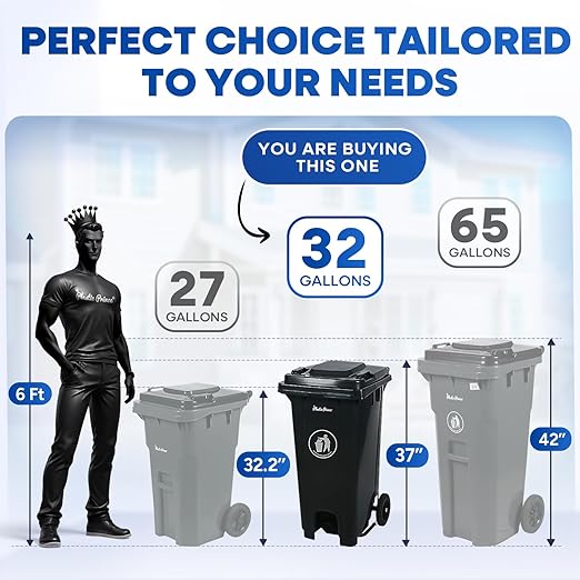 32 Gallon Step-On Large Outdoor Trash Can with Lid and Wheels - Outside Plastic Rolling Garbage Can - Rollout Commercial Heavy-Duty Container Barrel, Gray