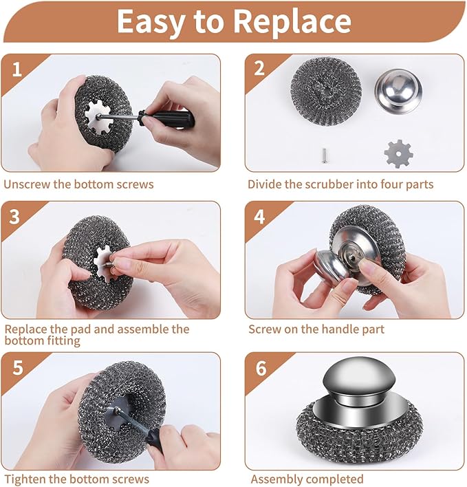 6Pcs Steel Wool Scrubber with Replacement Wire Pads Set, Stainless Steel Scrubber with Handle for Scouring Stubborn Messes from Cast Iron, Pots, Pans, Grill, Stoves, Sink(1 Scrubber+5 Pads)