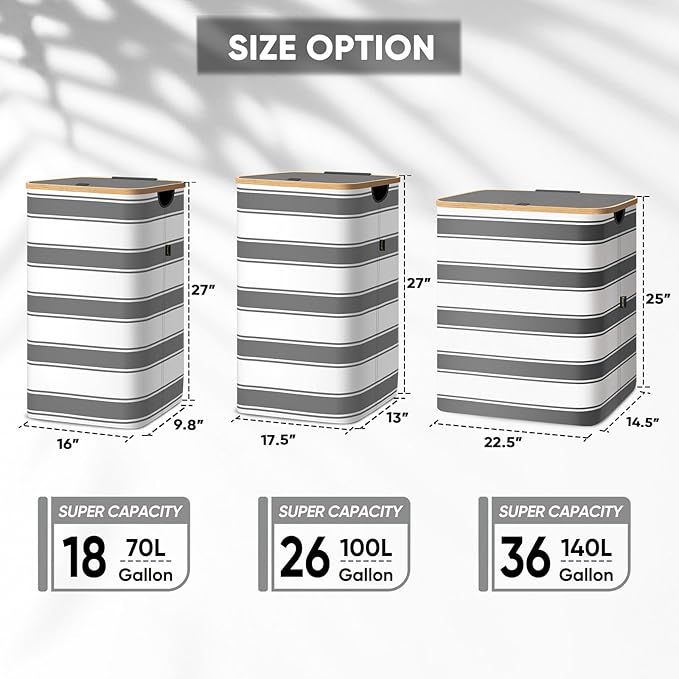 BALEINE Laundry Hamper with Lid, Tall Laundry Baskets with Bamboo Pull Handles, Large Laundry Bin with Internal Support (36 Gal/140L, Grey Stripe)
