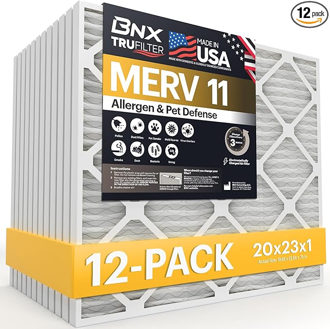 BNX TruFilter 20x23x1 Air Filter MERV 11 (12-Pack)- MADE IN USA - Allergen Defense Electrostatic Pleated Air Conditioner HVAC AC Furnace Filters for Allergies, Dust, Pet, Smoke, Allergy MPR 1200 FPR 7