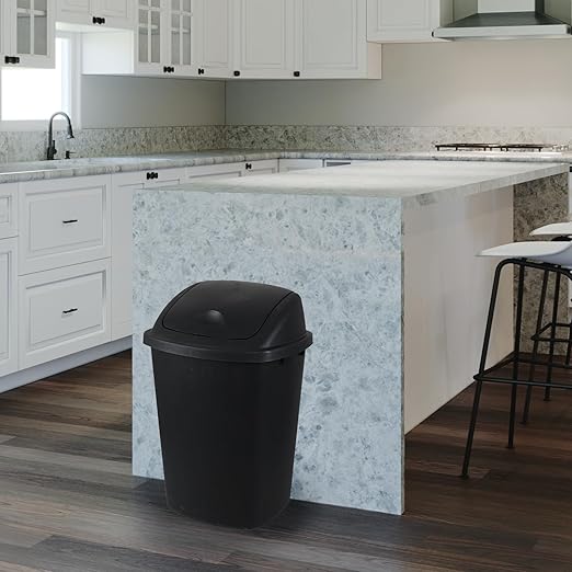 10 Gallon Plastic Garbage Bin with Lid, Swing Top Waste Container, Kitchen Trash Can with Swing Lid, Black, 4 Packs