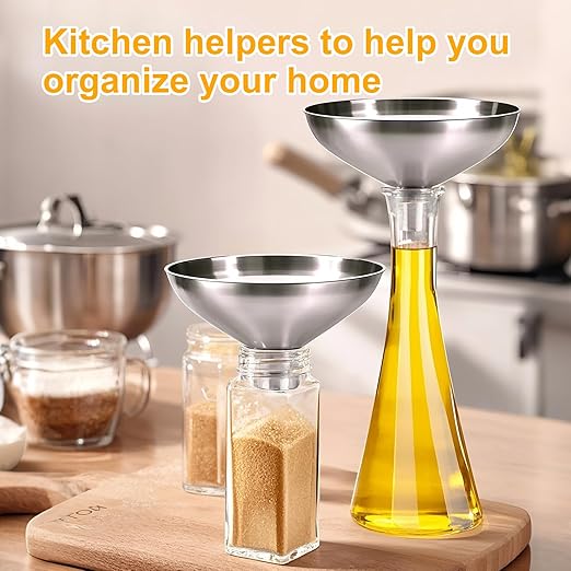 2 Pack Stainless Steel Kitchen Funnel Set for Filling Bottles - 2 Different Caliber Sizes, Seamless One-Piece Design for Transferring Oils Spices Powder Mixes (Easy to Clean)