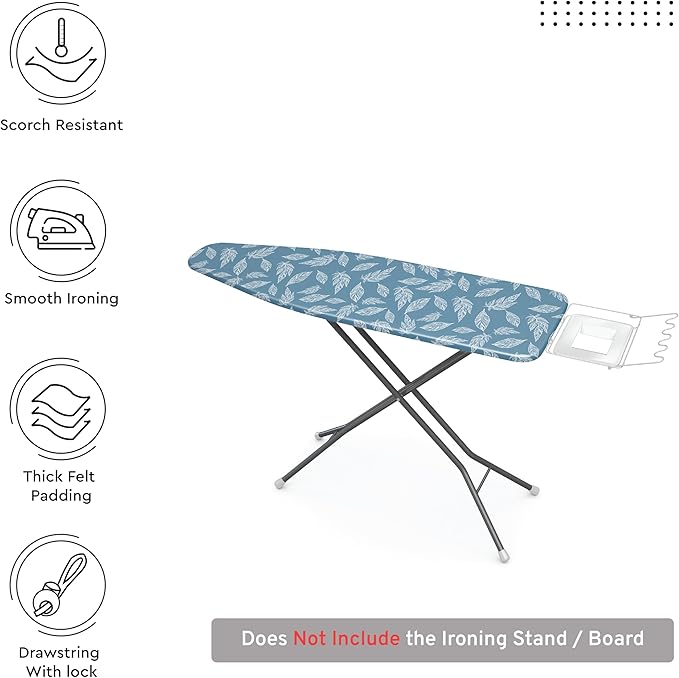 Encasa XO Ironing Board Cover and Pad 49"x18" - Thick 3mm Felt Padding, Drawstring Tightening & Lock, Easy Fit, Scorch & Stain Resistant, Fits Wide Ironing Board - Big Leaves Blue