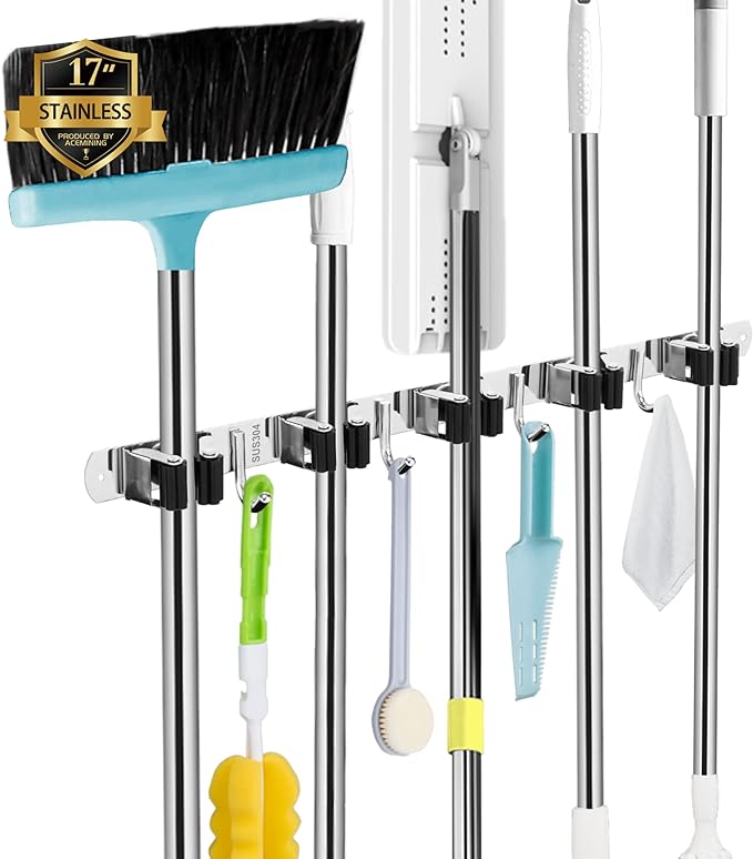 AceMining 5 Racks and 4 Hooks Mop and Broom Holder Wall Mount, Broom Organizer Storage Tool Racks Stainless Steel Heavy Duty Hooks Self Adhesive Solid Non-slip for Home Kitchen Garden Laundry Garage