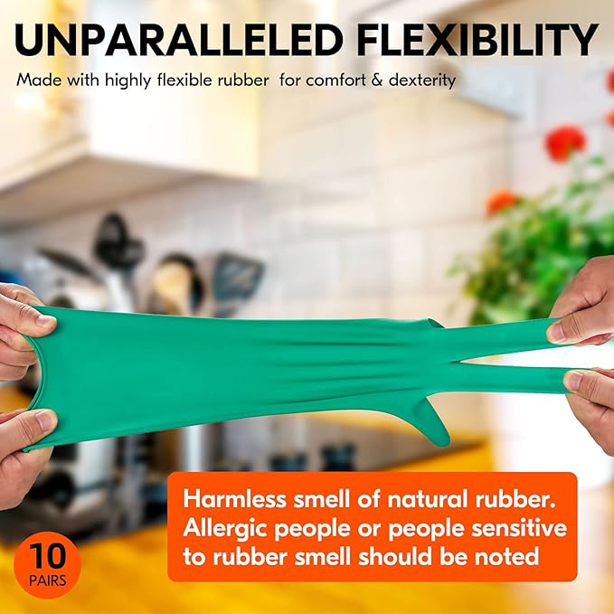 Vgo... 10-Pairs Reusable Household Gloves, Rubber Dishwashing gloves, Extra Thickness, Long Sleeves, Kitchen Cleaning, Working, Painting, Gardening, Pet Care (Size L, Green, HH4601)
