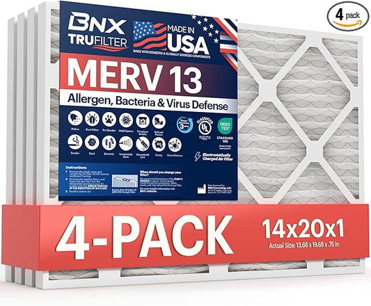 BNX TruFilter 14x20x1 Air Filter MERV 13 (4-Pack) - MADE IN USA - Electrostatic Pleated Air Conditioner HVAC AC Furnace Filters for Allergies, Pollen, Mold, Bacteria, Smoke, Allergen, MPR 1900 FPR 10