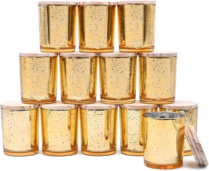 Thick Candle Jars for Making Candles 12 Pcs, 7 OZ Empty Jars with Wood Lids for Candle Making, Sample Container, Gold