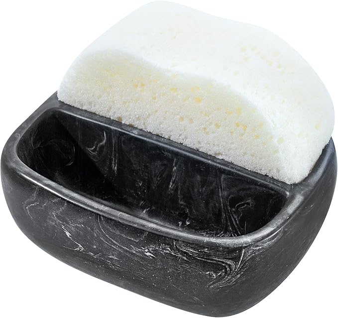 MyGift Modern Black Resin Double Sponge Holder with Realistic Marble Pattern for Kitchen Sink Countertop, Dish Cleaning Sponges or Scrubbing Pads Bowl with 2 Compartments