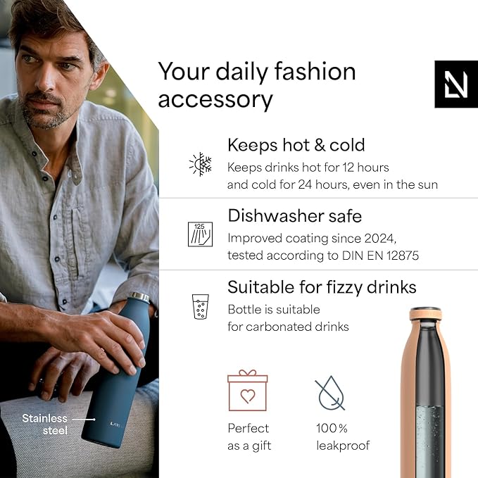 LARS NYSØM Stainless Steel Insulated Water Bottle 12oz 17oz 25oz 34oz 51oz | Insulated Thermo Flask for Hot and Cold Beverages | Leakproof Drinking Bottle (Creamy Peach, 25.4 oz)