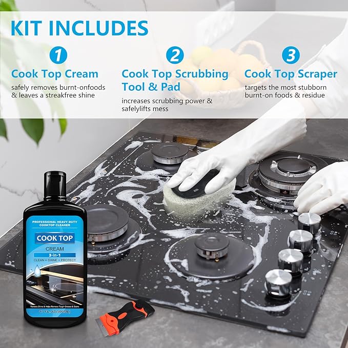 Cooktop and Stove Top Cleaner Kit, Glass Cooktop Cleaner Combo Kit with Razor, Scraper, Scrubbing Pad Removes Tough Stains, Stovetop Cleaner for Glass and Ceramic Surfaces,17OZ