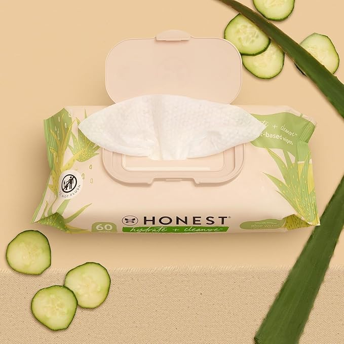 The Honest Company Hydrate and Cleanse Naturally Scented Wipes Cleansing Multi-Tasking Wipes 99% Water Plant Based Hypoallergenic Aloe and Cucumber 240 Count