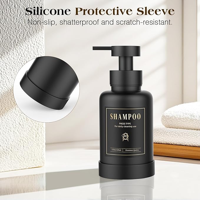 Luxspire Foaming Soap Dispenser, Glass Foam Pump Soap Dispenser, Non-Slip Hand Soap Dispenser with 5 Waterproof Labels, 15 Oz Refillable Liquid Soap Dispenser for Bathroom & Kitchen, Black, 1 Pack