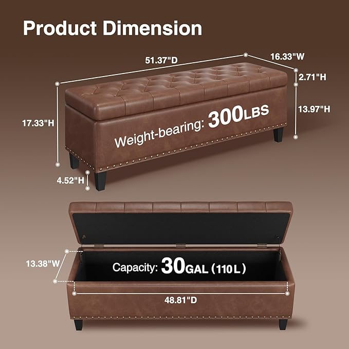 Storage Ottoman Bench, 51-Inch Large Storage Bench for Bedroom End of Bed, 30 Gallons Faux Leather Bench for Bedroom, Living Room, Entryway, Hallway, Brown