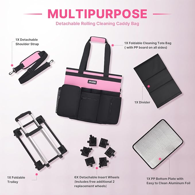 Large Rolling Cleaning Caddy Bag with Detachable Trolley, Waterproof Cleaning Caddy on Wheels for Housekeepers, Cleaning Cart Supplies Organizer for Home,Car,Office,Picnic (Pink) (in Patent)