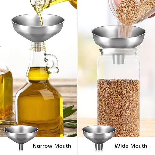 Stainless Steel Metal Funnel Set of 2, Kitchen Filling Funnel (0.5-inch Narrow Mouth) and (1-inch Wide Mouth), Practical Tools for Transferring Spices, Oils, Food and Beer