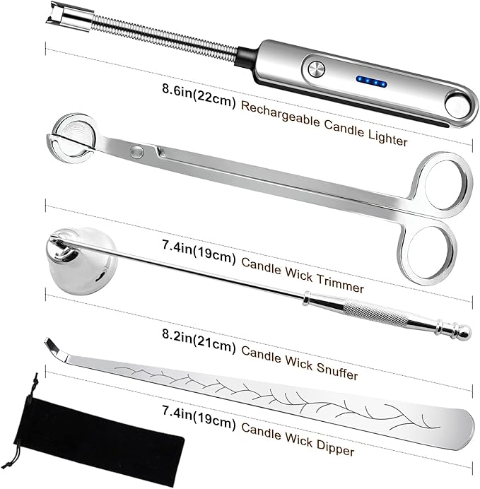 Lsnisni 4 in 1 Candle Accessory Set, Electric Lighter, Wick Cutter, Snuffer and Dipper, Steel Wick Trimmer Set - Silver