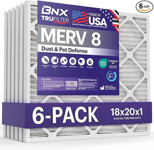 BNX TruFilter 18x20x1 Air Filter MERV 8 (6-Pack) - MADE IN USA – Dust & Pet Defense Electrostatic Pleated Air Conditioner HVAC AC Furnace Filters for Dust, Pet, Mold, Pollen MPR 600 – 700 & FPR 5
