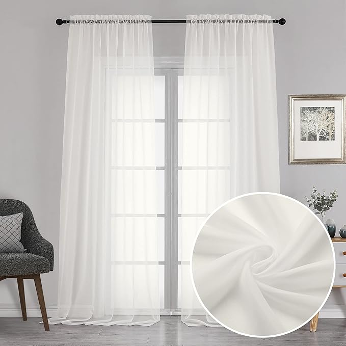 Chyhomenyc Sheer Curtains 120 Inch Extra Long, 2 Pieces, Rod Pocket Top Soft Voile Texture Window Draperies Lightweight & Airy Panels for Living Room/Bedroom, Each 42W x 120L inches, Ivory