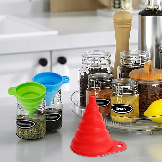 Kitchen Funnel Set of 4, Food Grade Foldable Small and Large Funnel Colorful Silicone Collapsible Funnels Flexible Funnels for Kitchen Use Filling Bottles Liquid Transfer Kitchen Gadgets Accessories