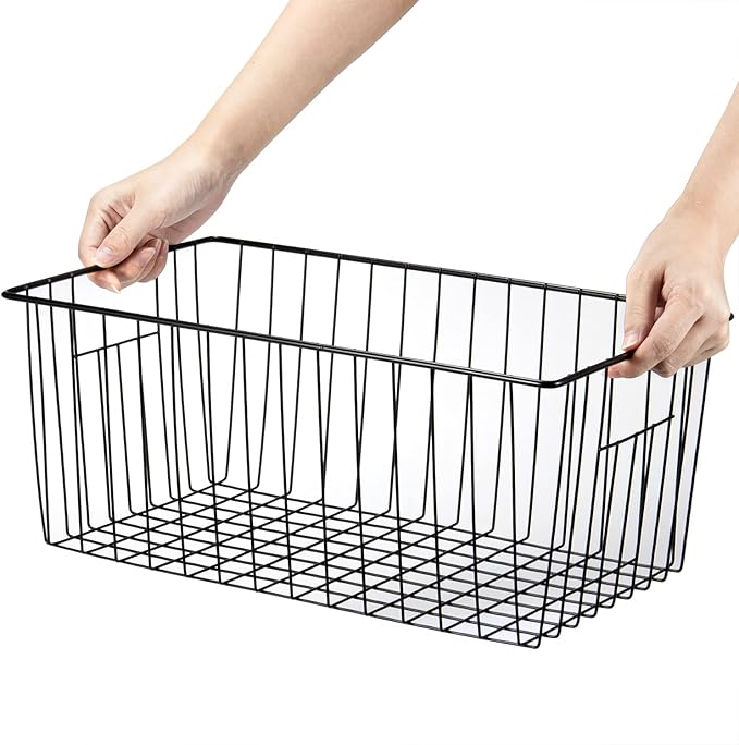 16inch Freezer Wire Storage Organizer Baskets, Household Refrigerator Bins with Built-in Handles for Cabinet, Pantry, Closet, Bedroom