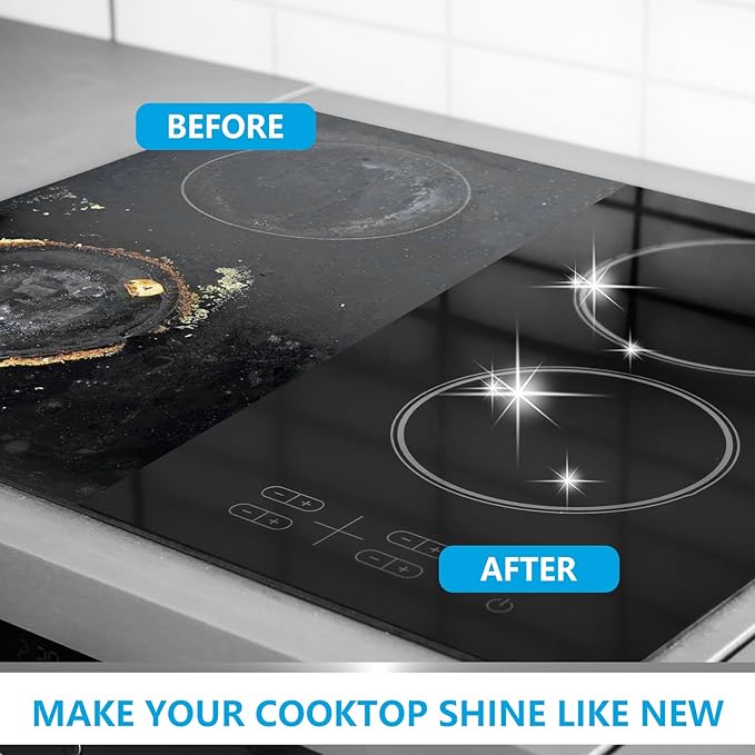 Cooktop and Stove Top Cleaner Kit, Glass Cooktop Cleaner Combo Kit with Razor, Scraper, Scrubbing Pad Removes Tough Stains, Stovetop Cleaner for Glass and Ceramic Surfaces，34OZ