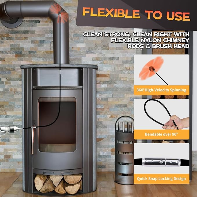 20 Feet Chimney Sweep Kit, Chimney Cleaning Kit with 6 Flexible Black Chimney Rods, Chimney Brush, Rotary Chimney Cleaning System Driven by Drill