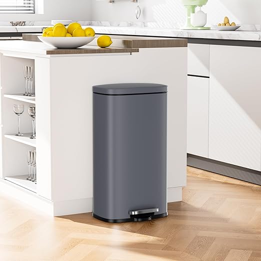 Arlopu 8 Gallon Step Trash Can, Stainless Steel Garbage Bin, Soft-Close Rubbish Bin with Removable Plastic Inner Bucket, Fingerprint-Proof, Lid Dustbin, Suit for Kitchen Home (Grey, 30L)