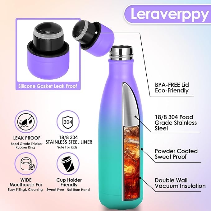 17oz Cola-Bottle Shaped Stainless Steel Leak-proof Water Bottle,Double Wall Vacuum Insulated Metal,Travel Mug For Sports Indoors & Outdoors,BPA-Free Kids Flasks,Purple Green(4Pack)