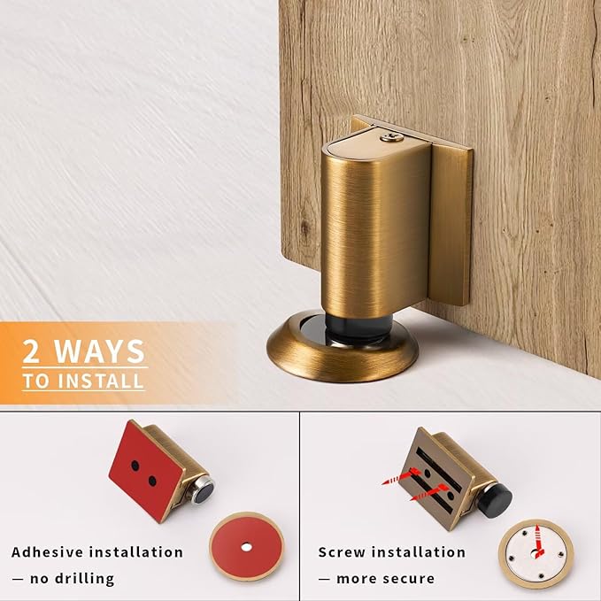 Bak Bo Magnetic Door Stoppers 2 Pack Bottom of Door Holder Keep Door Open No Drilling Magnet Floor Door Stop with Screws and Adhesive Antique Brass DS268AB-2