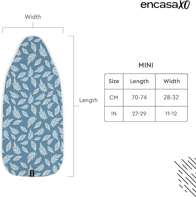 Encasa XO Ironing Board Cover and Pad 28"x12" - Thick 3mm Felt Padding, Drawstring Tightening & Lock, Easy Fit, Scorch & Stain Resistant, Fits Mini Ironing Board - Big Leaves Blue