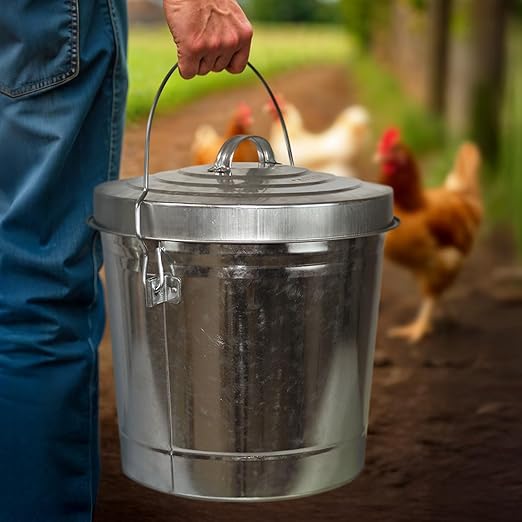 Plexon 6 Gallon Small Metal Trash Can with Lid Outdoor Locking Galvanized Metal Garbage Can with Lid for Poultry Feed Bird Seed Storage Ash Galvanized Bucket