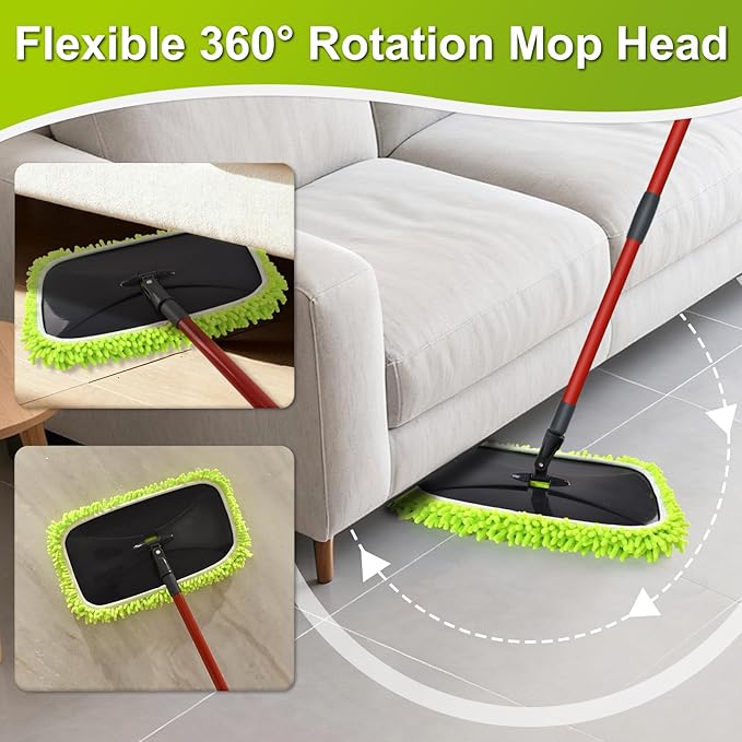 Mops for Floor Cleaning, Dust Mop for Hardwood Floors, Extra Large Floor Mop with Extendable Handle and 3 Reusable Chenille Mop Pads, Flat Dust Mops for Hardwood, Marble, Vinyl, Tile Floors Cleaning