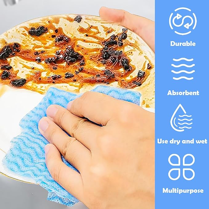 Disposable Cleaning Cloths Multi-Purpose Heavy Duty Disposable Dish Cloth Dish Rags for Kitchen, 7.87 x 15.75 inches -100 Counts/Pack,Blue