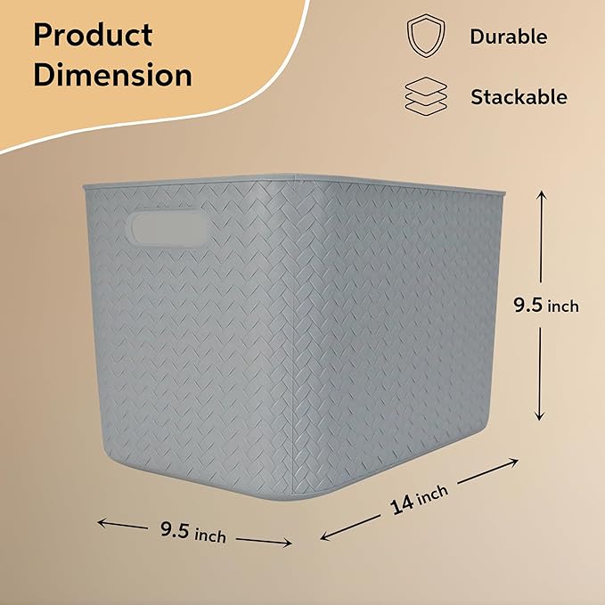 Storage Bins with Bamboo Lid – Stackable, Multi-Purpose Organizers for Pantry, Closet, Kitchen, and Home – Elegant Wicker-Style Design with Ergonomic Handles (Grey)
