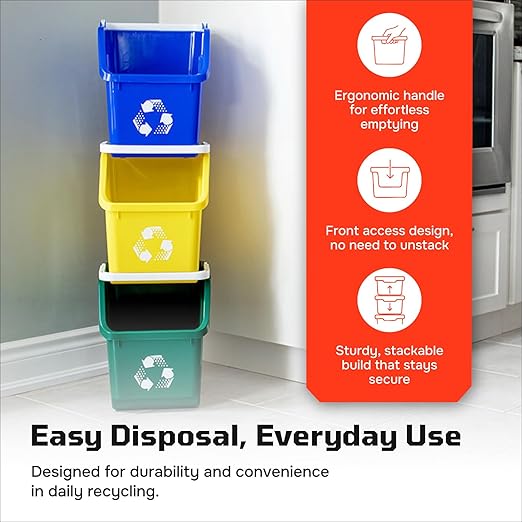 6 Gallon Stackable Recycling Bins for Homes, Garages, Offices Made of 100% Recycled Plastic - (Grey, 1 Pack)