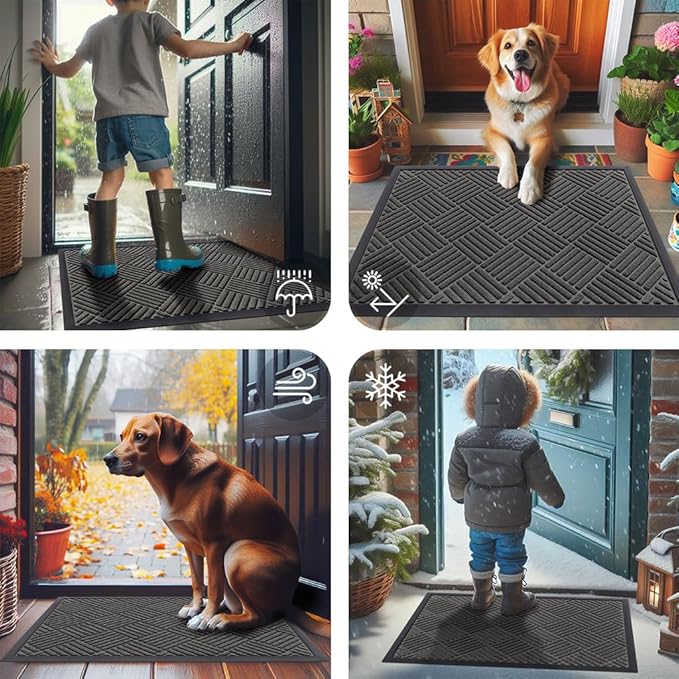 Smiry Front Door Mat Outside Entrance, Heavy Duty Outdoor Indoor Natural Rubber Doormat, Non Slip, Trap Dirt and Moisture, Easy Clean, Low Profile Patio Porch Entryway Mat, 47x17, Grey